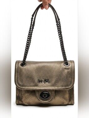 COACH F33553 Ranger Flap Metallic Brass Leather Crossbody Bag - CLEAN Interior